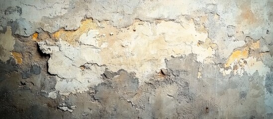 Leinwandbilder - Textured wall with peeling paint in shades of gray, beige, and yellow; horizontal layout highlighting layers of damage and decay.