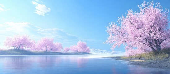 Poster - Blossoming cherry trees with soft pink flowers along a serene blue lake under a clear sky peaceful spring landscape with ample negative space