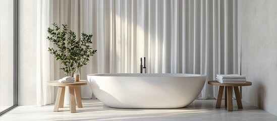 Aufkleber - serene bathroom interior showcasing a spacious freestanding bathtub with wooden side tables towels a