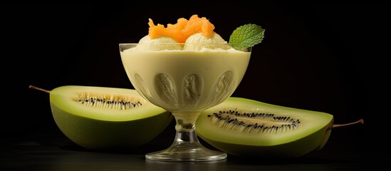 Poster - Delectable melon cream dessert in glass bowl with green kiwi halves, garnished with mint leaves and orange melon on black background.