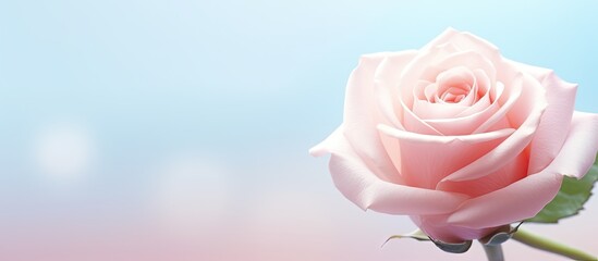 Aufkleber - Delicate soft pink rose against a light blue and pastel background, showcasing elegant petals and natural beauty in a serene composition.