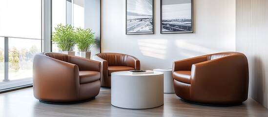 Aufkleber - Contemporary office waiting area with brown leather seating, a round white table, large windows, and green plant creating an inviting atmosphere