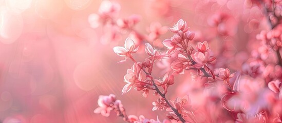 Aufkleber - Blurry light pink floral background with soft focus blossoms in shades of pink and light peach providing ample copy space for text overlay.