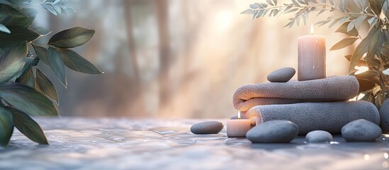 Poster - Tranquil spa scene featuring stacked massage stones, soft gray towels, and flickering candles, illuminated by natural light through green leaves.