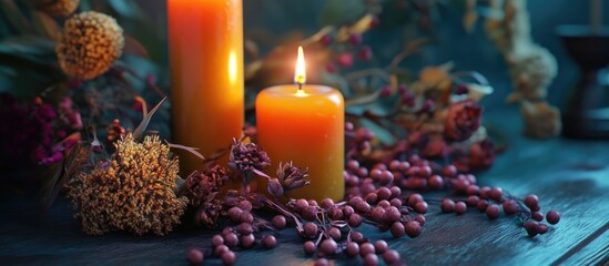 Poster - Warm orange candles surrounded by dry flowers and beads on a rustic wooden surface with soft blue-green background creating a serene atmosphere.