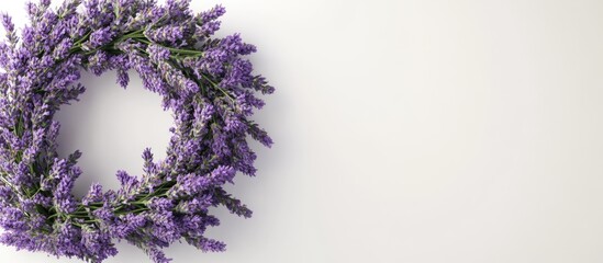 Poster - Lavender wreath in vibrant purple hues positioned on the left side against a clean white background creating a fresh and serene atmosphere