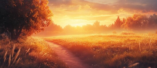 Fototapete - Serene landscape at dawn featuring a golden sunrise illuminating a misty path through warm-colored fields and lush greenery, capturing tranquility.