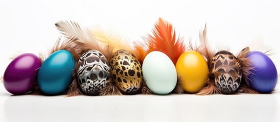 Poster - Decorative pastel-colored eggs with intricate patterns and vibrant feathers arranged horizontally on a white background creating ample copy space.