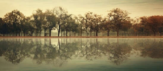 Poster - Serene landscape of trees in calm water at dawn with soft golden hues creating ample reflection and negative space for text integration