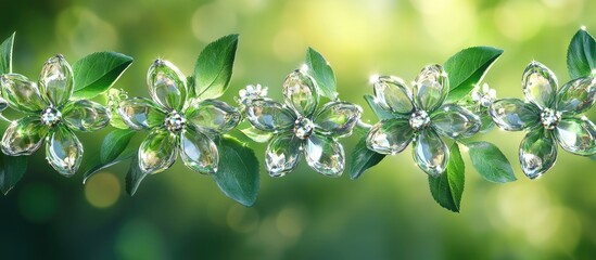 Fototapete - Delicate apple blossoms in soft pastel hues of white and pink, arranged horizontally against a gently blurred fresh green background.