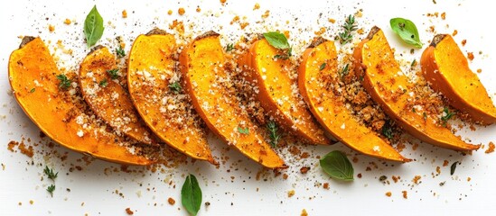 Poster - Roasted pumpkin slices garnished with breadcrumbs and parmesan on a clean white background, featuring vibrant orange and green herb accents.