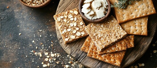 Poster - Delicious assortment of golden crispbreads and rusks arranged on a wooden board with scattered toppings in earthy tones and rustic background.