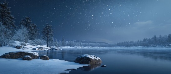 Poster - Serene night sky illuminated by stars above a frozen lake bordered by snow-covered rocks and pine trees under a soft moonlight glow