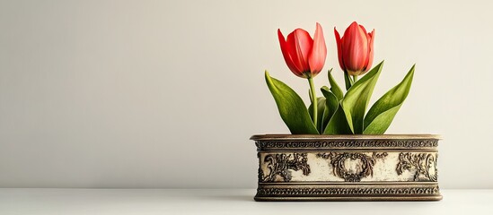 Aufkleber - Red tulips with green leaves in ornate box against neutral background, symbolizing spring and renewal, creating a serene and elegant ambiance.