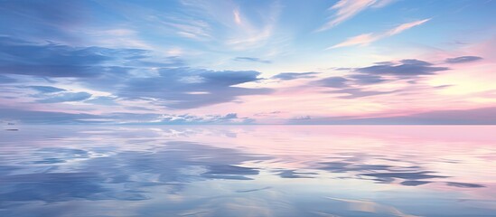 Poster - Twilight sky with soft pink and blue hues reflecting on calm sea water, serene atmosphere, horizontal landscape format showcasing tranquility.