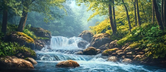 Aufkleber - Serene spring landscape with flowing river over rocks surrounded by vibrant green trees and dappled sunlight in a tranquil mountain forest setting.