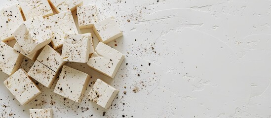 Aufkleber - Freshly cut tofu pieces on a textured white surface sprinkled with black pepper, positioned in the top left with ample copy space on the right.