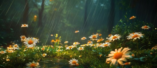 Aufkleber - Daisy flowers in vibrant white and yellow bloom amidst a lush green garden, glistening with raindrops on a serene summer morning.