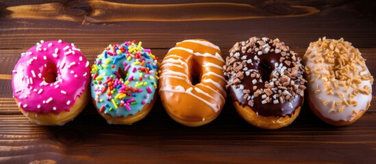Poster - Colorful assortment of five donuts on a wooden surface featuring pink, multicolored, glazed, chocolate, and coconut toppings showcasing vibrant decorations