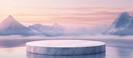 Fototapete - Serene landscape with a circular marble platform in the foreground, set against pastel mountains and soft fog, showcasing a tranquil dawn atmosphere.