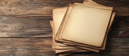 Poster - Vintage stack of blank brown-toned photo papers resting on a rustic wooden surface with a textured background and soft natural lighting.