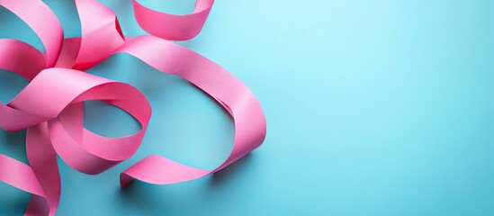 Poster - Swirling pink ribbon diagonally across a light blue background with soft curves and shadows, creating a playful and elegant composition