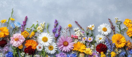 Aufkleber - Colorful summer flower arrangement featuring daisies, cosmos, zinnias, and more on a soft gray background with vibrant blooms laid out in a flat lay design.