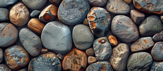Aufkleber - Pebbles arrangement in diverse grey and brown tones forming a textured natural background with ample copy space for text on the surface.