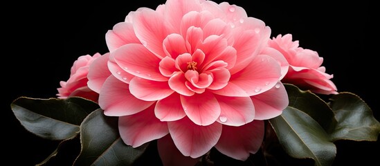 Aufkleber - Camellia blossom in soft pink hues with abundant layered petals against a dark background, elegant composition ideal for copy space use.