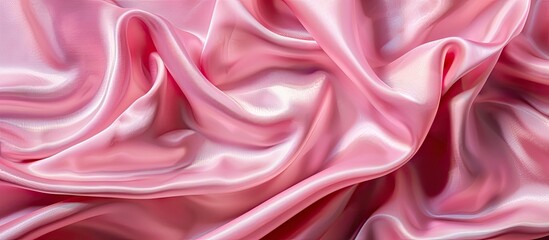 Poster - Elegant pink satin fabric elegantly draped creating soft waves and gentle folds with a shiny surface reflecting light in warm tones.