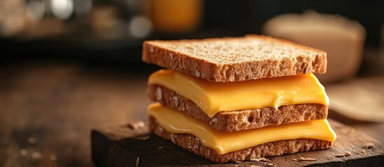 Poster - Layered smooth yellow cheese slices on whole grain crispy bread on a rustic wooden board with a warm background creating a cozy atmosphere