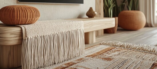 Poster - Boho Chic console table in light wood with shaggy fringe, earthy tones, and minimalist design enhances modern rustic living room aesthetic.