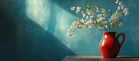 Poster - Red jug filled with delicate spring flowers against a textured turquoise background with soft light casting gentle shadows on wooden surface.