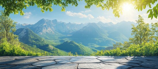 Aufkleber - Scenic mountain landscape under bright blue sky with sunlight illuminating green foliage in foreground and blurred distant hills in background.