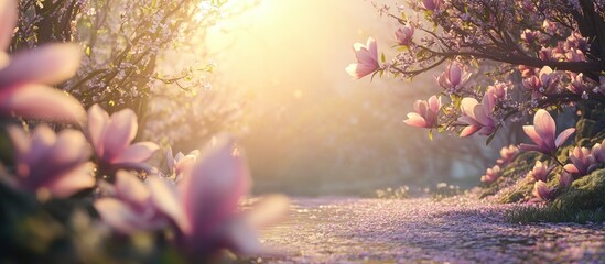 Poster - Blooming magnolia flowers in soft pastel hues outline a serene pathway, illuminated by warm golden light filtering through trees at sunrise.