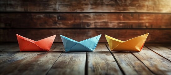 Poster - Colorful origami boats in red, blue, and yellow arranged on a rustic wooden table with warm lighting creating a cozy atmosphere.