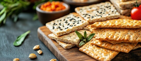 Poster - Assorted organic rusks and crispbreads with herbs and toppings on a wooden board with green leaves and a tomato in the foreground