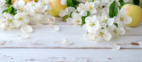 Poster - Spring scene featuring white apple blossoms on a rustic white wooden table with soft green apples arranged artfully in a vibrant garden setting.