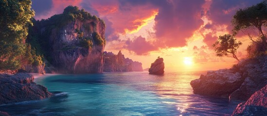 Poster - Vivid dawn coastal scene featuring towering cliffs on the left, crystal clear turquoise waters in the center, and a colorful pink and purple sky above.