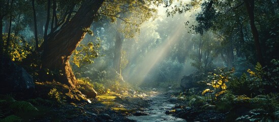 Fototapete - Lush green forest scene with sunlight streaming through trees illuminating a serene creek in the foreground, creating a tranquil atmosphere.
