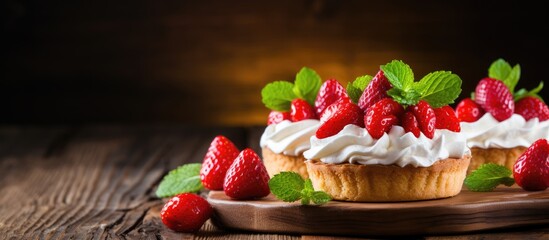 Poster - Freshly prepared strawberry shortcake pies adorned with ripe strawberries and mint leaves on a rustic wooden table with warm lighting backdrop.