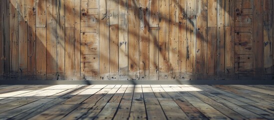 Aufkleber - Neutral wooden backdrop with textured plywood and gentle light streaks creating shadows, ideal for copy space usage, primarily warm brown tones.