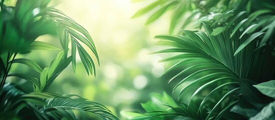 Aufkleber - Lush green tropical foliage with various palm leaves creating a layered background, soft glowing light filtering through leaves at the top.
