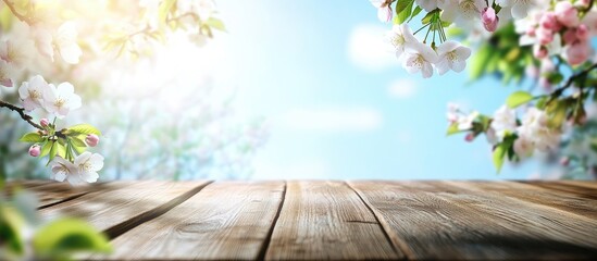 Poster - Spring flowers in soft pink and white hues frame a warm wooden table on a bright blue background with sunlight streaming through.