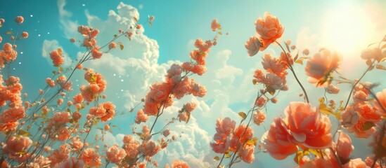Aufkleber - Spring flower landscape featuring blooming pink flowers against a vibrant blue sky with fluffy clouds, sun rays illuminating the scene.