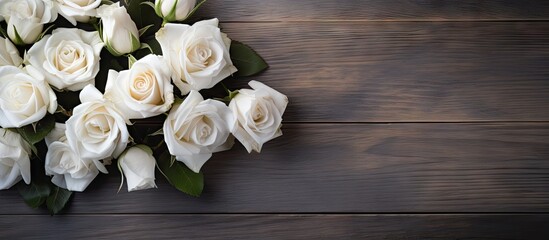 Aufkleber - Elegant arrangement of white roses on a rustic wooden table with soft shadows creating a serene atmosphere and ample copy space on the right.