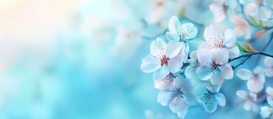 Aufkleber - Blossoming spring flowers in soft pinks and whites against a serene blue wooden backdrop with gentle bokeh for a tranquil atmosphere.