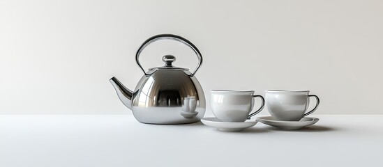 Poster - Elegant metal kettle alongside two white ceramic cups on a minimalist light background, creating a serene tea time arrangement for relaxation.