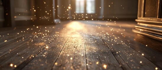 Poster - Radiant fairy dust sparkles on a wooden floor with warm golden hues and soft light streaming in, creating an enchanting magical atmosphere