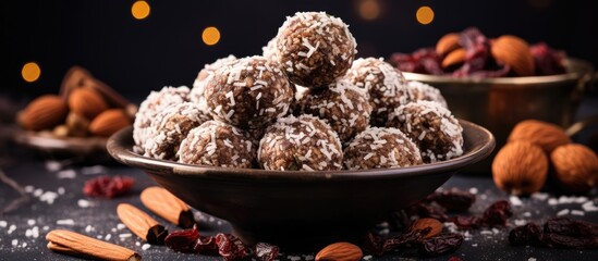 Poster - Vegan dessert bowl featuring cocoa and almond energy balls sprinkled with coconut shavings surrounded by dried fruits and nuts on a dark background